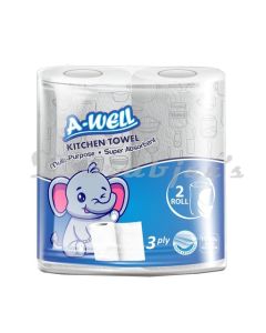 A-WELL 3PLY KITCHEN PAPER TOWEL 2ROLLS  MULTI PURPOSE SUPER ABSORBENT 100%  CELLULOSE