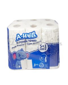 AWELL 3PLY KITCHEN PAPER TOWEL 5 PLUS 1 ROLL FREE  MULTI PURPOSE SUPER ABSORBENT100% CELLULOSE