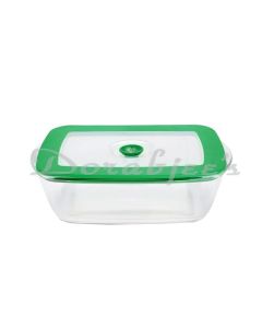 BOROSIL MICROWAVE SAFE RECTANGULAR GLASS BACKING DISH WITH GREEN LID 2.6L