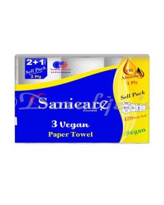 SANICARE ESSENTIAL 2 PLUS 1 IS FIRST 2 PLY VEGAN KITCHEN ROLL 120 PULLS PER ROLL XXL AMERICAN SIZE