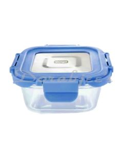 VEIGO GLASS FOOD STORAGE CONTAINER WITH STAINLESS STEEL LID SQUARE 640 ML SKY BLUE