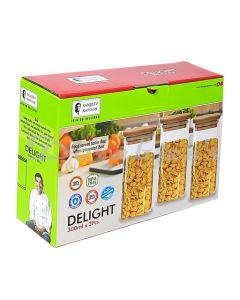 SANJEEV KAPOOR DELIGHT WOODEN LID BOROSILICATE SQUARE JAR 300 ML  SET OF 3 PCS  WITH GIFT BOX