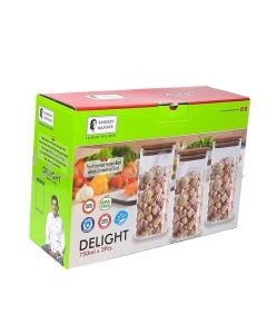 SANJEEV KAPOOR DELIGHT WOODEN LID BOROSILICATE SQUARE JAR 750 ML  SET OF 3 PCS  WITH GIFT BOX